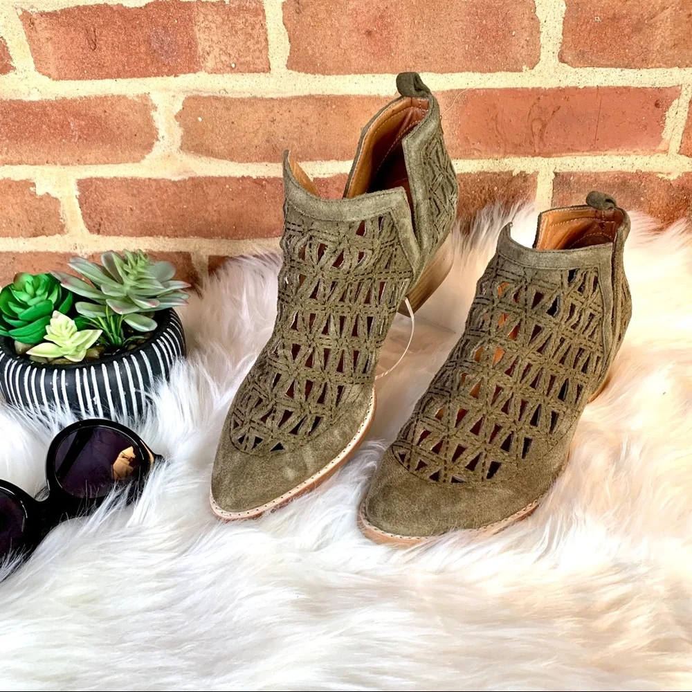 JEFFREY CAMPBELL Coastal Cowgirl Western Sagat Laser Cut Olive Suede Boots, 8.5